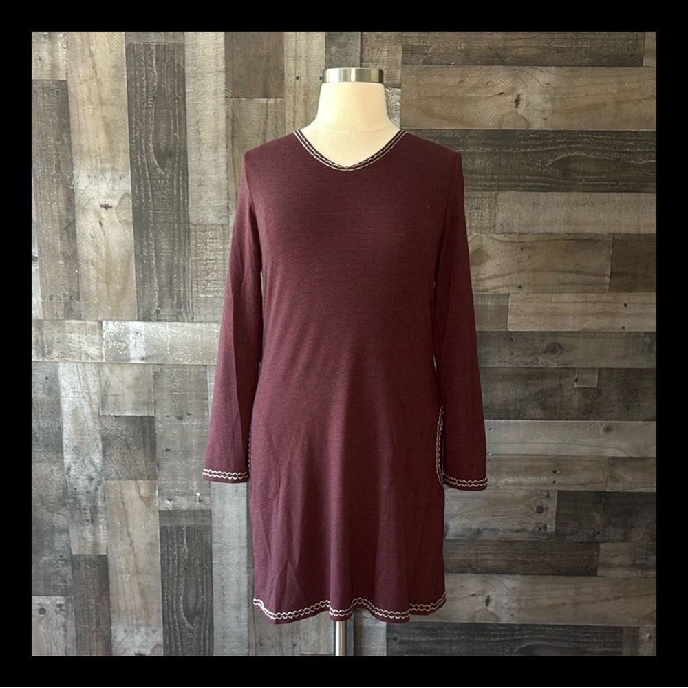 Max Studio cranberry long sleeve dress XLarge zig zag embroidery dark feminine